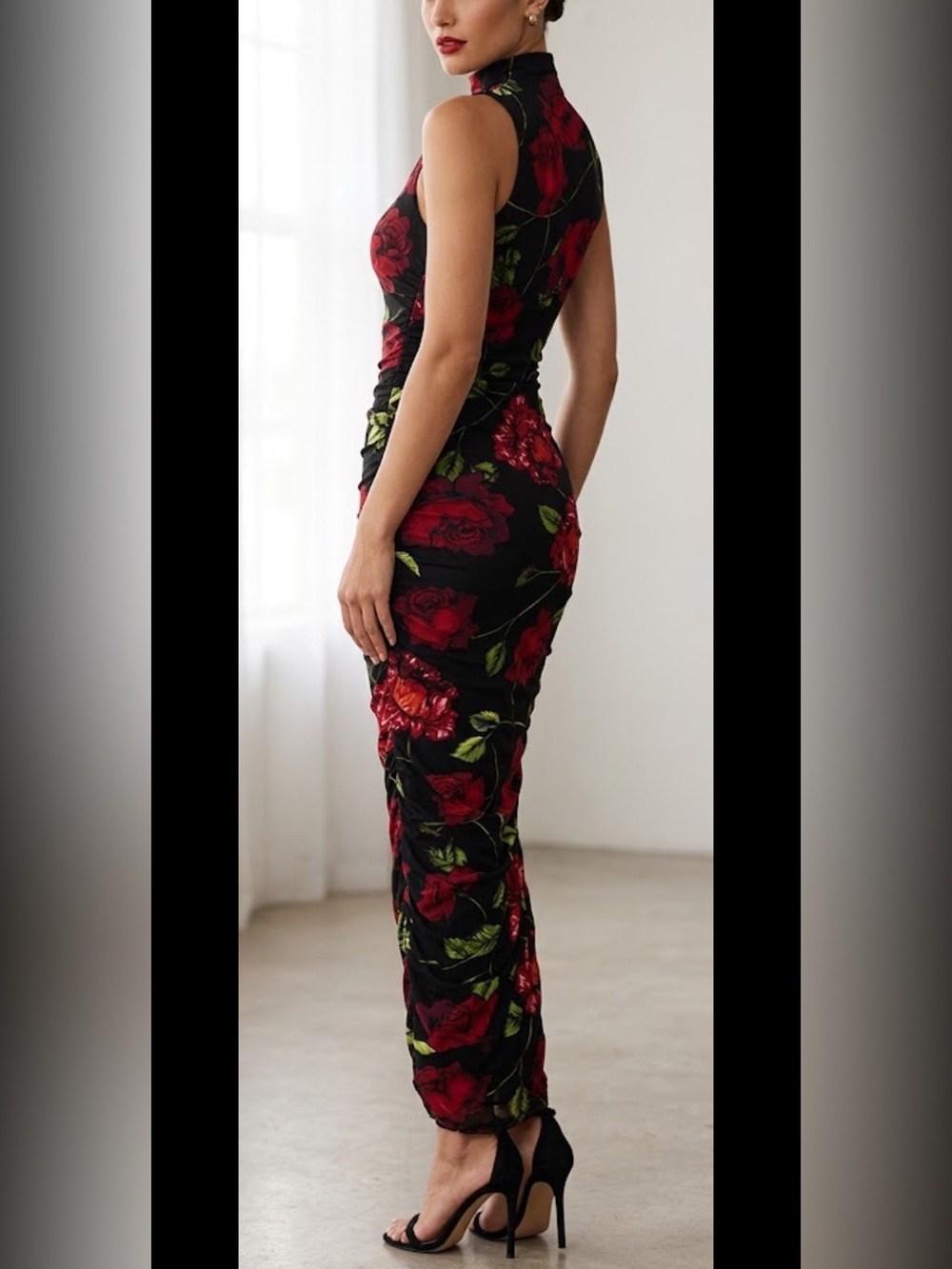 AFRM Black Maxi Dress with Red Rose Print